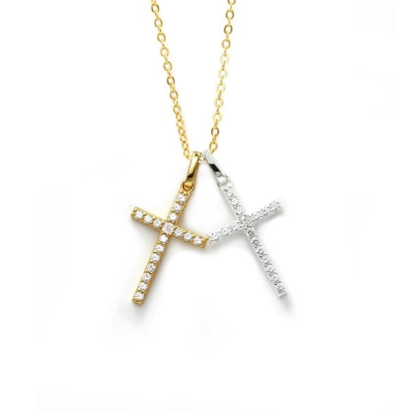 Say It With Double Cross Necklace - Sterling Silver - Yellow Gold