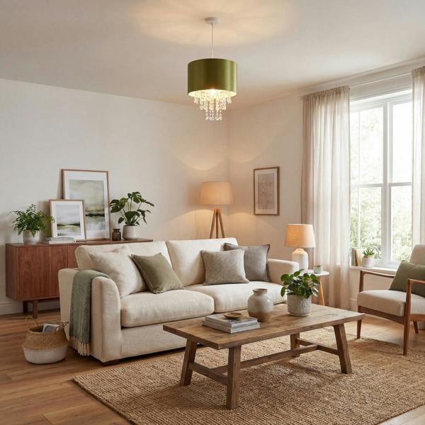 Modern Olive Green Satin Fabric Pendant Shade with Clear Acrylic Drops Image 6