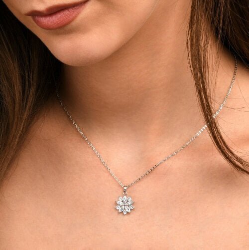 Zavana Silver Sparkling Floral Pendant Necklace with Marquise and Round Cubic Zirconia stones