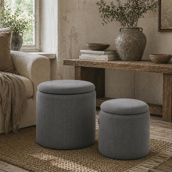 Wyld Haus Seleco Set Of 2 Corduroy Grey Round Storage Ottomans