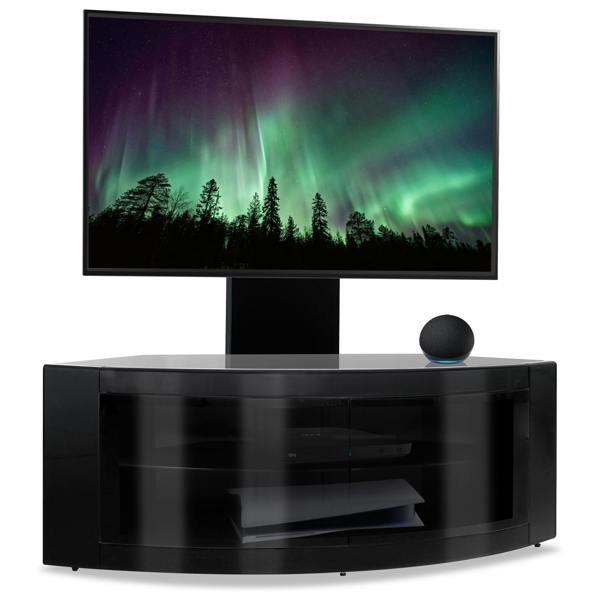 Homeology PANGEA Gloss Black Beam-Thru Curved True-Corner 32"-50" TV Cabinet with Mounting Arm