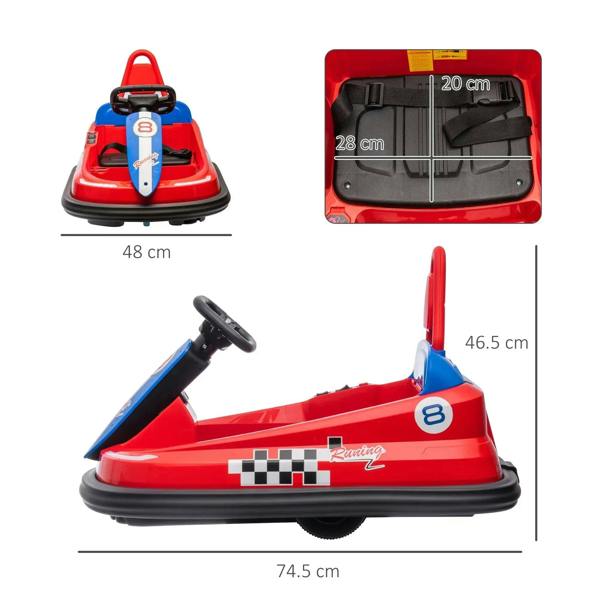 Red electric kids bumper car with steering wheel, blue horn, and safety belt.