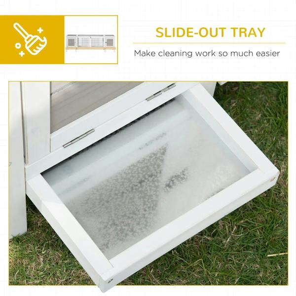 Grey rabbit hutch and run with removable tray, slide-out cleaning tray pulled out