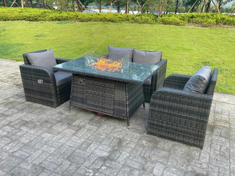 Fimous Dark Mixed Grey Rattan Outdoor Garden Furniture Gas Fire Pit Table Sets Gas Heater Love Sofa Reclining Adjustable Chairs 4 Seater