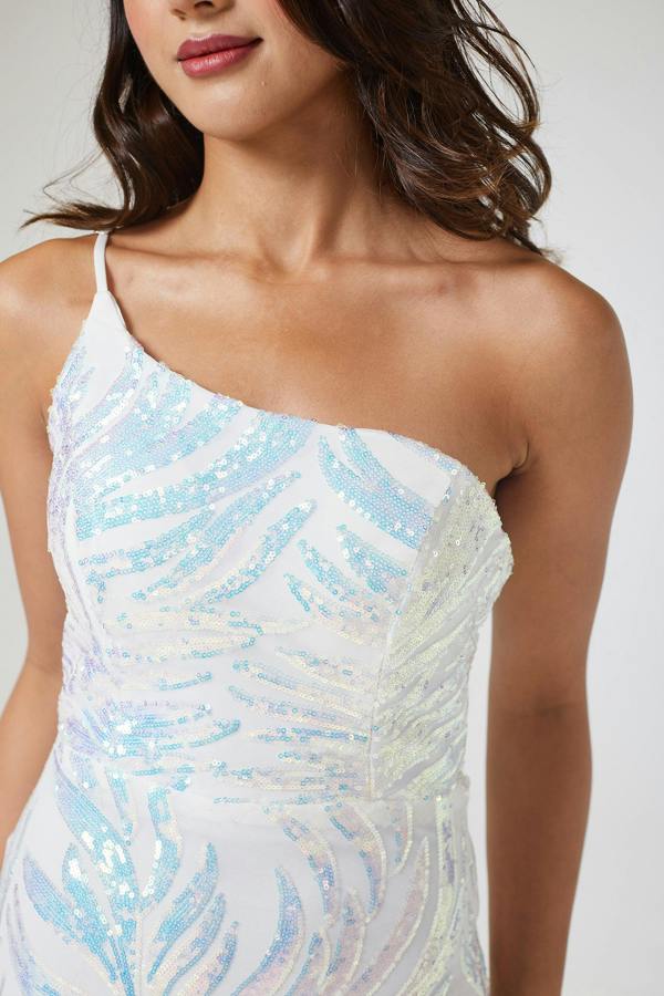 LuvForever Celestia - White One Shoulder Sequin Maxi Dress