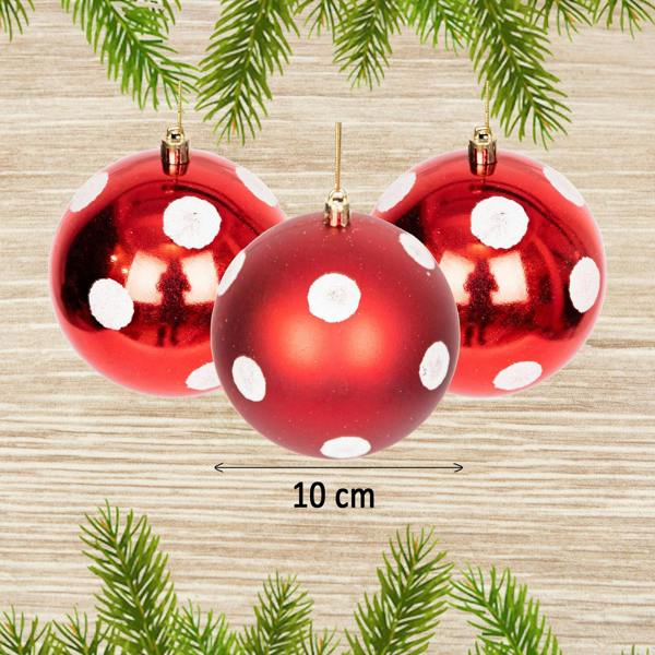 10cm Christmas Bauble Set, Shatterproof Red and White Polka Dot Tree Decorations, 3 or 6 Pack image 9