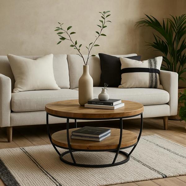 Wyld Haus California Solid Wood and Metal Round Coffee Table With Shelf