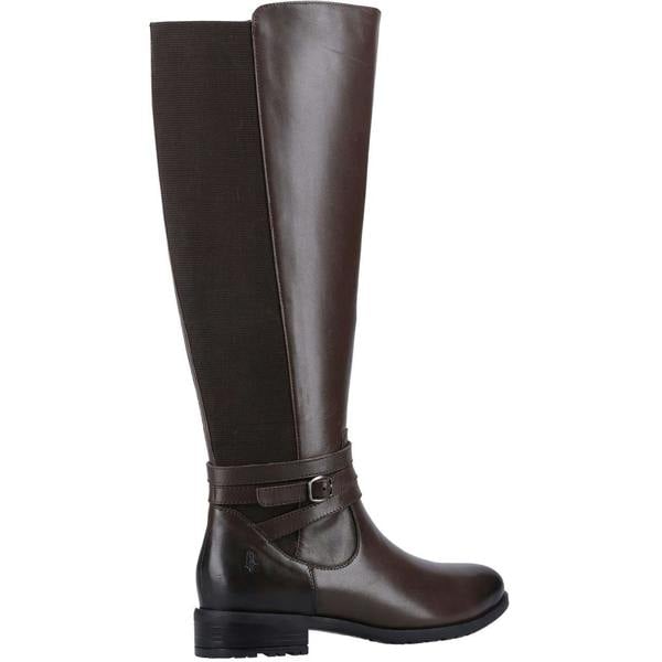 Hush Puppies Womens Vanessa Mid Calf Leather Boots, stylish brown leather knee-high boots with a decorative ankle strap and low heel.