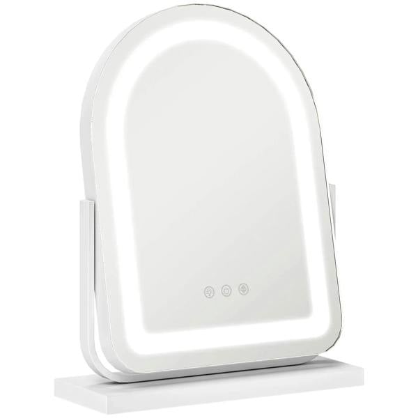 White LED vanity mirror with arched frame and touch control buttons