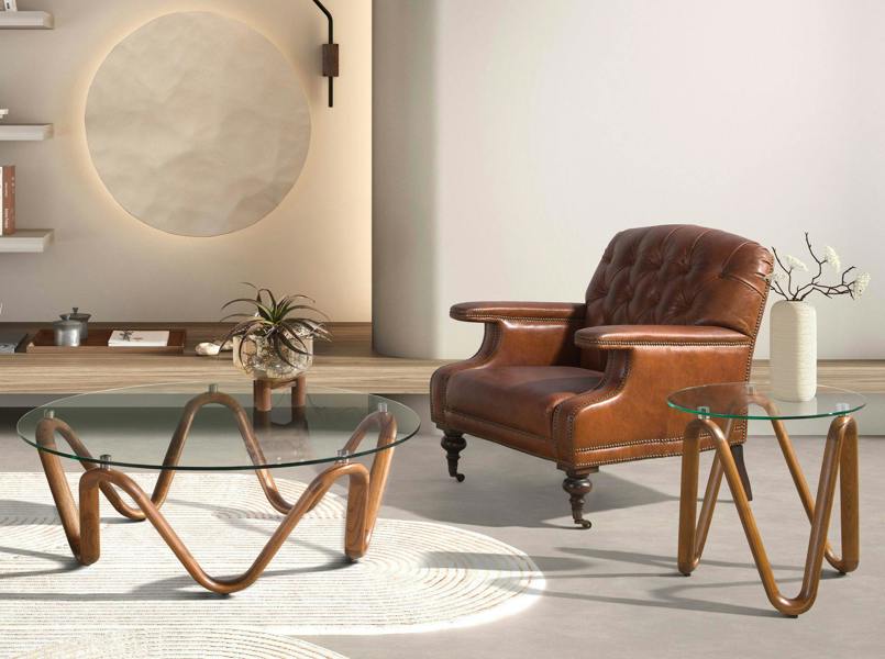 Angel Cerdá Round Tempered Glass and Walnut Round Coffee Table 2124