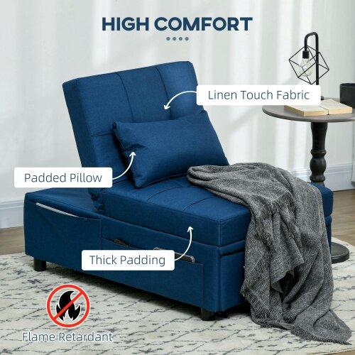 Wyld Haus Leve Fabric Blue 4 In One Convertible Chair Bed With Adjustable Back Side Pocket Wheels And Pillow