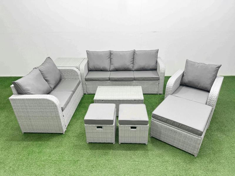 Fimous 9 Seater Rattan Garden Set, PE Wicker, Coffee Table, Reclining Chair, Loveseat, 3 Seater Sofa, Stool and Side Table, Light Grey