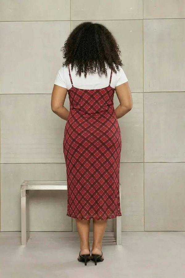 WOVCOR Tie Detail Plaid Tulle Maxi Stretch Knit Plus Size Dress