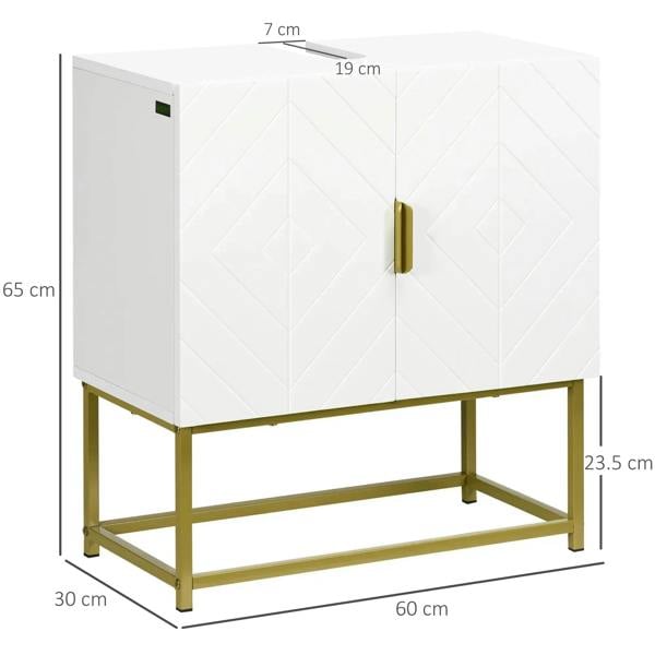 White under-sink storage cabinet, 2-door design, geometric front, on gold steel legs