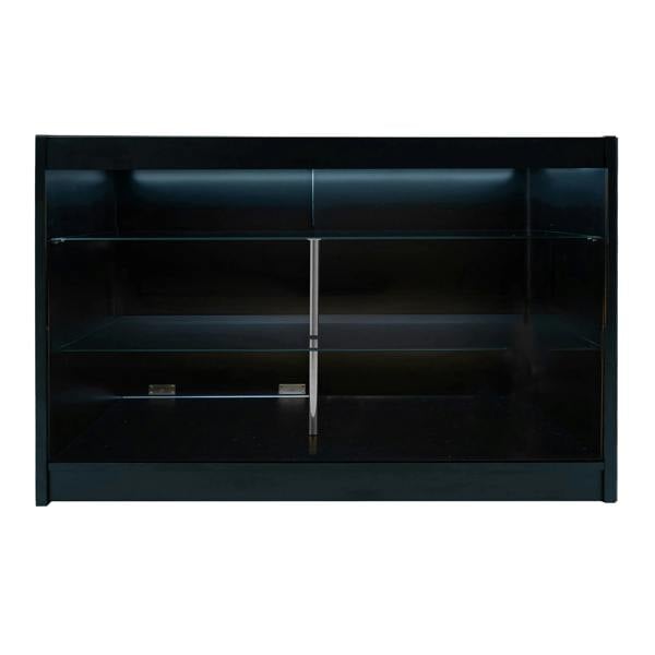 Black Aries LED shop counter set featuring sleek design, glass shelves, and illuminated interior for enhanced product display