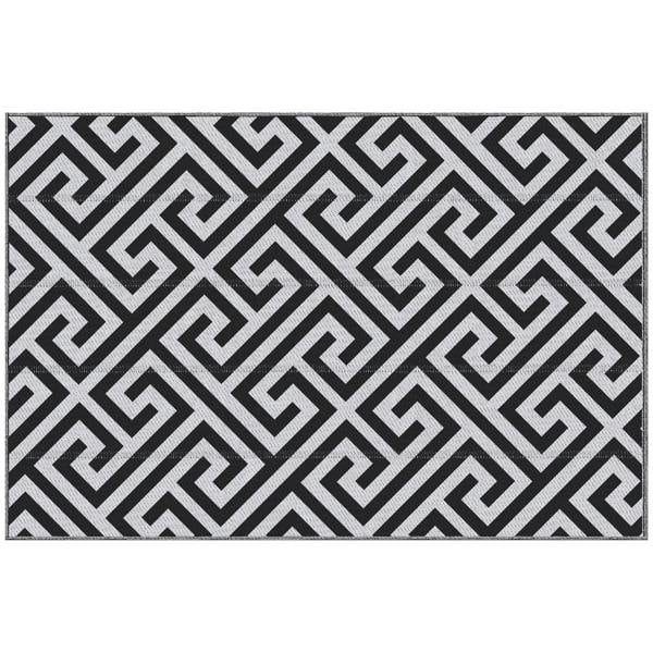Rectangular outdoor rug mat in black and white with repeating geometric Greek key pattern