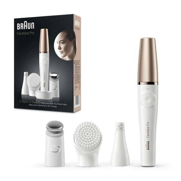 Braun FaceSpa Pro SE911 All-in-One Facial Epilator, Toner Head, Cleansing Brush, White/Bronze