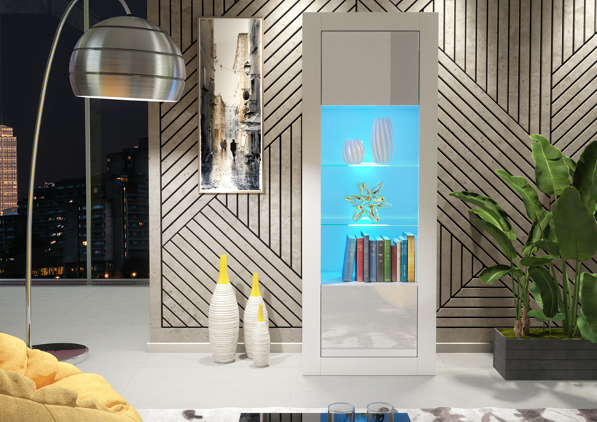 Mex Furniture 170cm Modern Display Cabinet – White Gloss Doors with LED