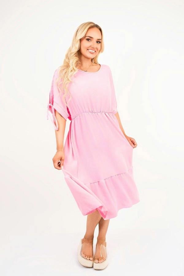 Fianna Round Neck Short Sleeve Midi Dress With Tie Sleeve Detail - Pink