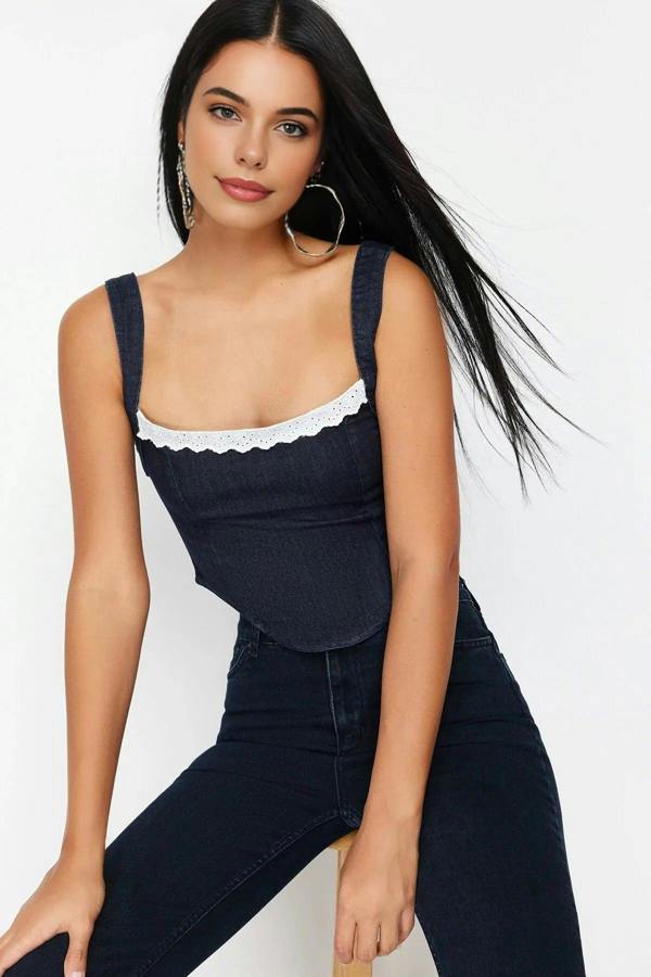 WOVCOR Lace Neckline Strappy Denim Crop Bustier
