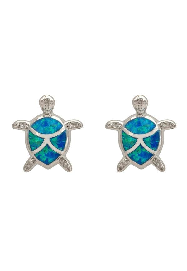 Turtle-shaped earrings with blue opal centers on a white background