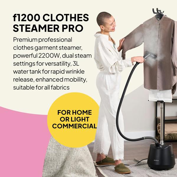 A person uses the Fridja Garment Care Pro Duo—f1200 Clothes Steamer Pro & f40 Fabric Shaver—on a hanging shirt. With its large water tank, flexible hose, and strong power, it’s ideal for home or light commercial garment care.