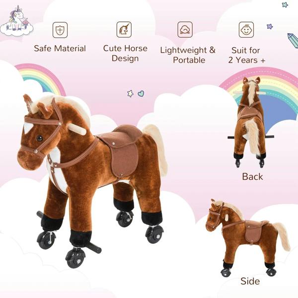 Brown plush ride-on horse toy with saddle, harness, and four rolling wheels, back view