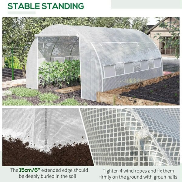 Bobobiy 4 x 3 x 2 m Polytunnel Greenhouse with Roll-up Side Walls, Walk-in Grow House Tent with Steel Frame, Zipped Door and 12 Mesh Windows, White