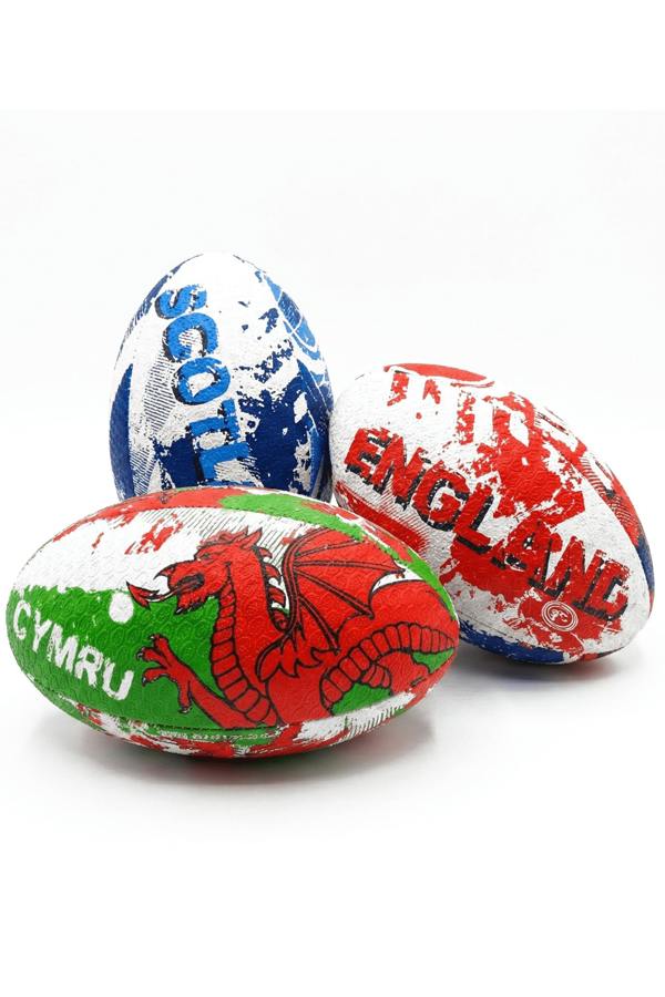 Scotland, England and Wales Optimum rugby balls grouped together on a plain white background - Optimum