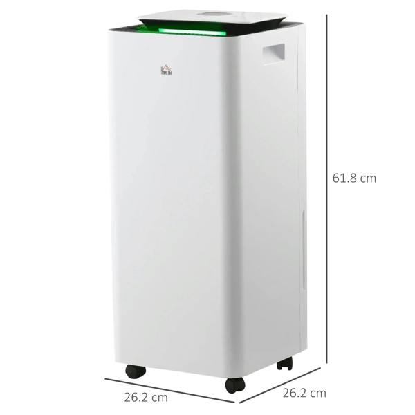 White portable dehumidifier with air purifier, front view with height and base measurements
