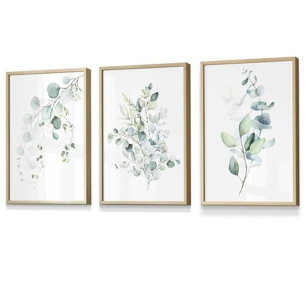 Artze Wall Art FLORAL Set of 3 Eucalyptus Blue Green Leaves Framed Prints