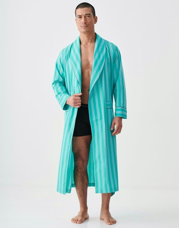 British Boxers Men's Crisp Cotton Dressing Gown – New York Turquoise Stripe