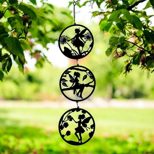 EDH Door Hardware Black Fairy Silhouette Hanging Trio Spinner– 60cm x 15cm | 3-Tier Kinetic Wind Spinner for Garden & Home