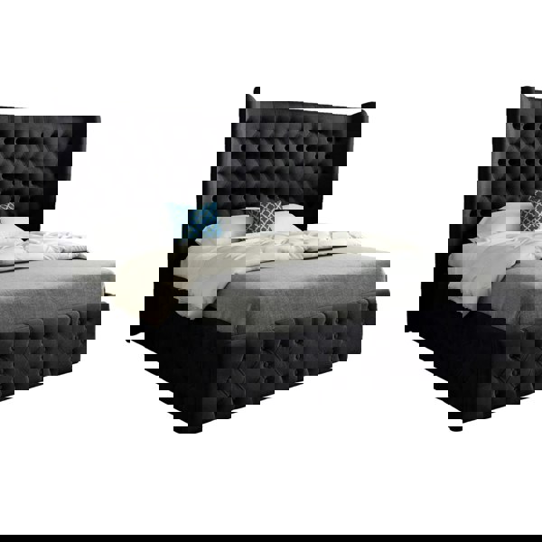 Casa Magna Florence Wide Winged Upholstered Soft Velvet Bed Frame - Black