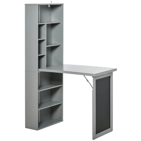 Grey folding convertible desk with open vertical shelving unit and side chalkboard panel