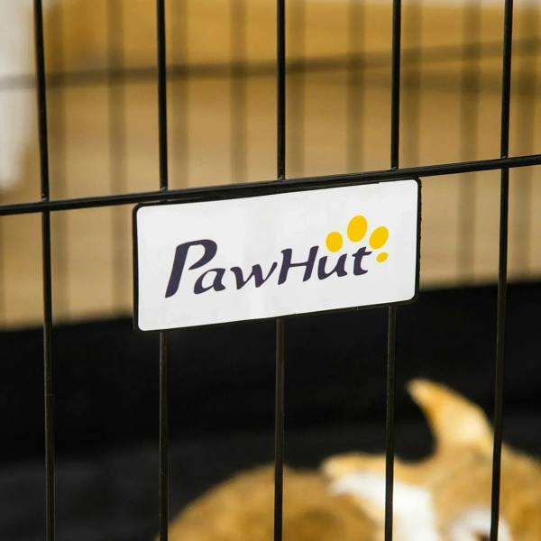 PawHut logo on black wire cage panel with white nameplate