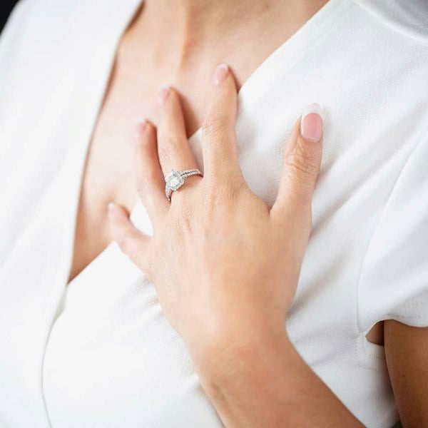 Starbright Silver Baguette-Cut Cubic Zirconia Halo Split Shouldered Ring R6160 3A