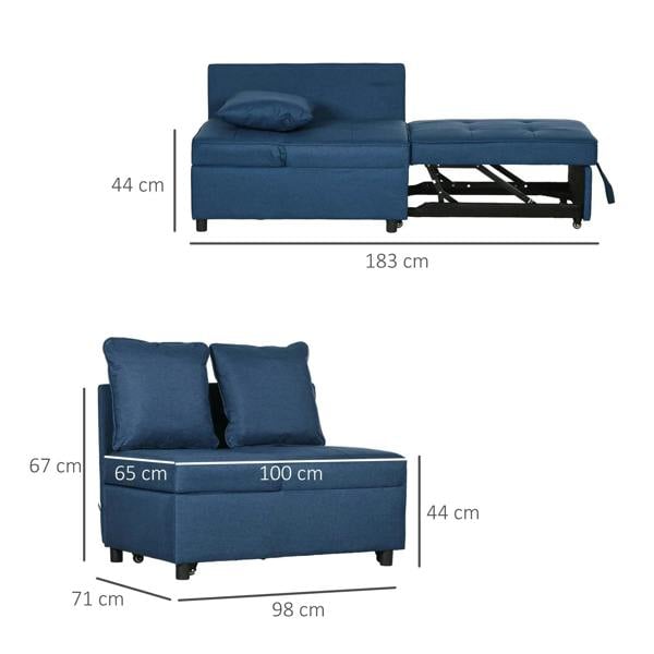 Blue sofa bed dimensions diagram with two back cushions and extended sleeping base