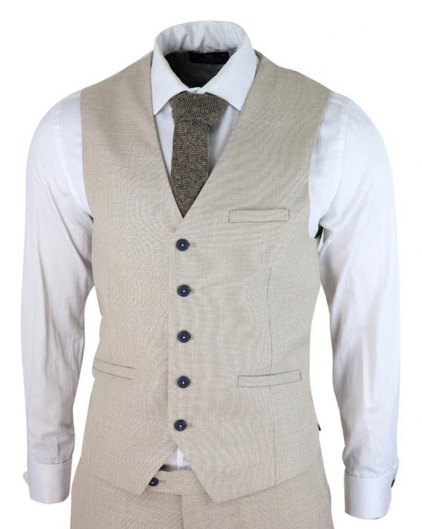 House of Cavani Mens 3 Piece Cream Linen Summer Spring Classic Suit
