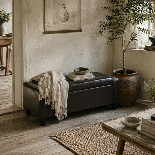 Wyld Haus Rira Faux Leather Brown Storage Ottoman Bench With Diamond Tufted Seat