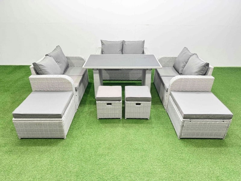 Fimous 10 Seater Patio Garden Furniture Sets with Black Glass Top Dining Table Love Sofa 2 Side Tables 4 Stools Light Grey