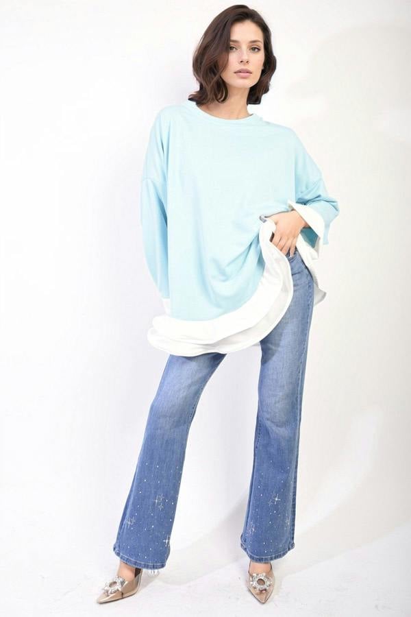 Fiona Contrast Ruffled Hem Top - Sky Blue