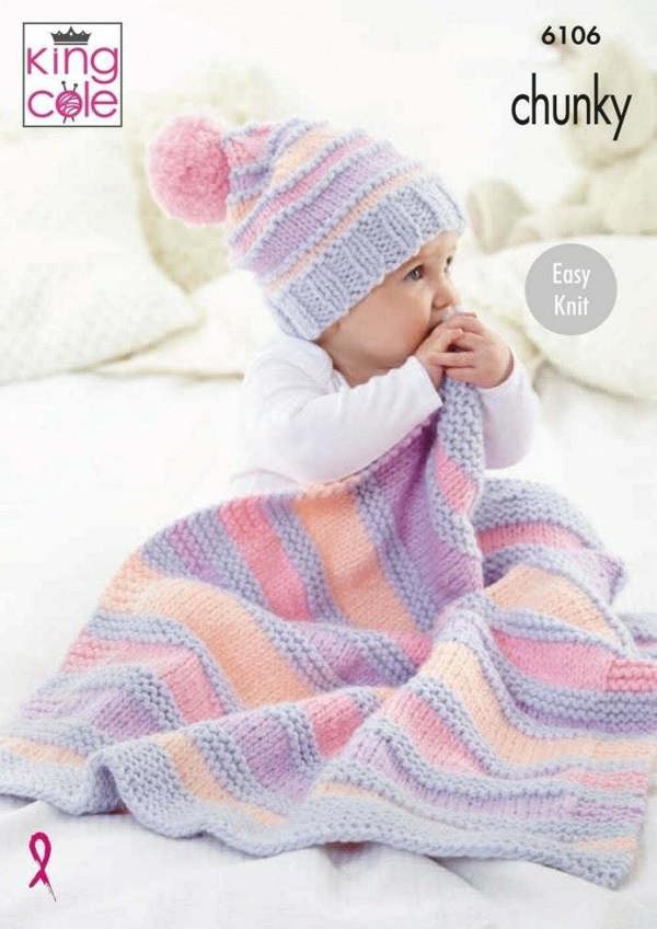 King Cole Comfort Chunky Knitting Pattern 6106, Blankets, Headwear for Baby, Two Sizes