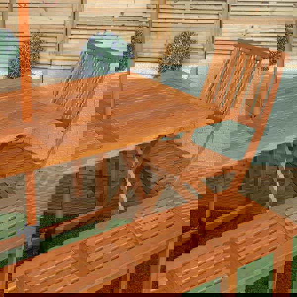 Samuel Alexander Outdoor 6 Person Rectangular Wooden Garden Dining Table, 2 Benches, Chairs with Green Parasol and Base Set