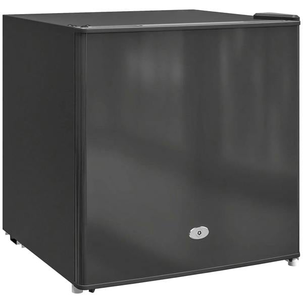 Black mini freezer with front door and top handle, compact rectangular design