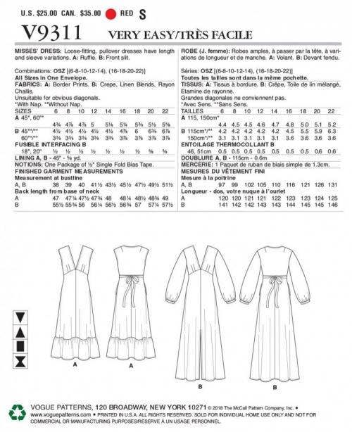 Vogue Sewing Pattern 9311, Dresses for Women, OSZ (6-14 16-22) - Easy