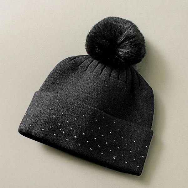 Pia Black Knit Bobble Hat, Silver-Tone Embellished Hat with Faux Fur Pompom