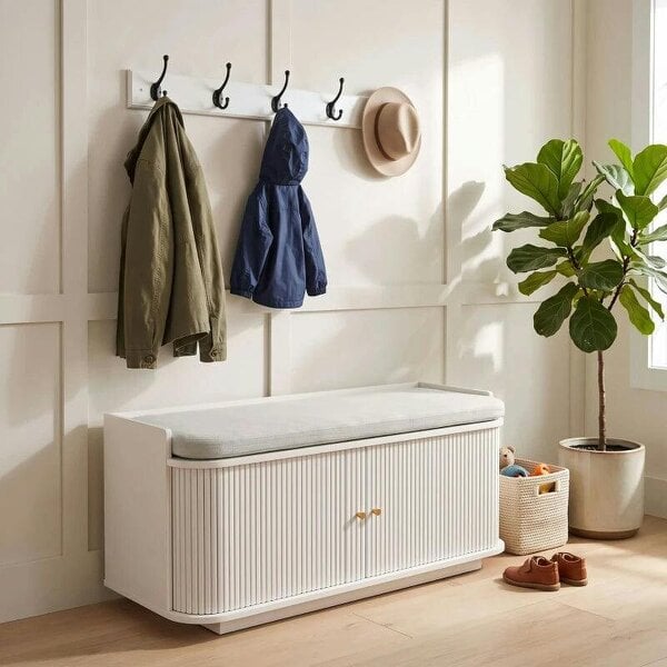 Bobobiy Hallway Storage Unit, Hallway Furniture Set with Shoe Storage Cabinet and 5 Hooks Coat Rack, White