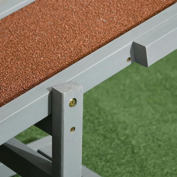 Grey dog seesaw ramp side with brown textured panel and bracket hardware.