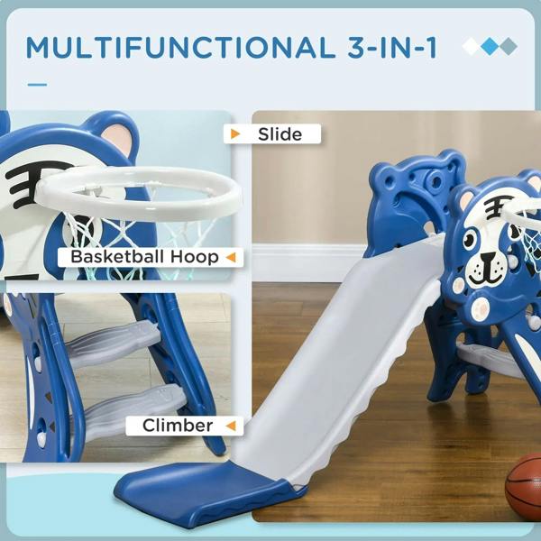 Blue bear-themed 3-in-1 baby slide with basketball hoop and step climber